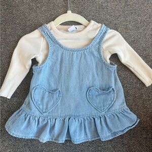 Long-Sleeve Ribbed Top and Heart-Pocket Chambray Dress Set SIZE 0-3 MTHS